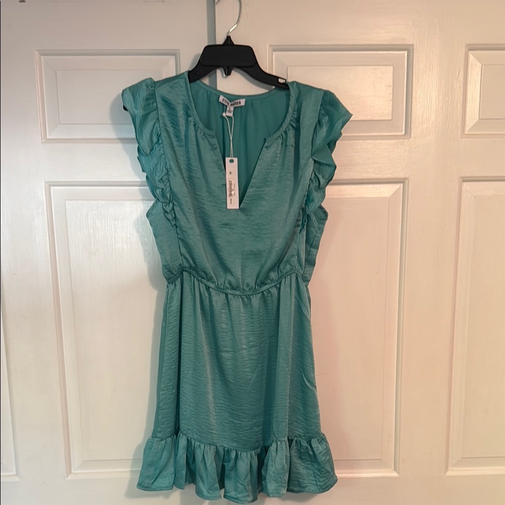Steve Madden Satin Chiffon Turquoise V Neck Sleeveless Dress - Picture 6 of 7